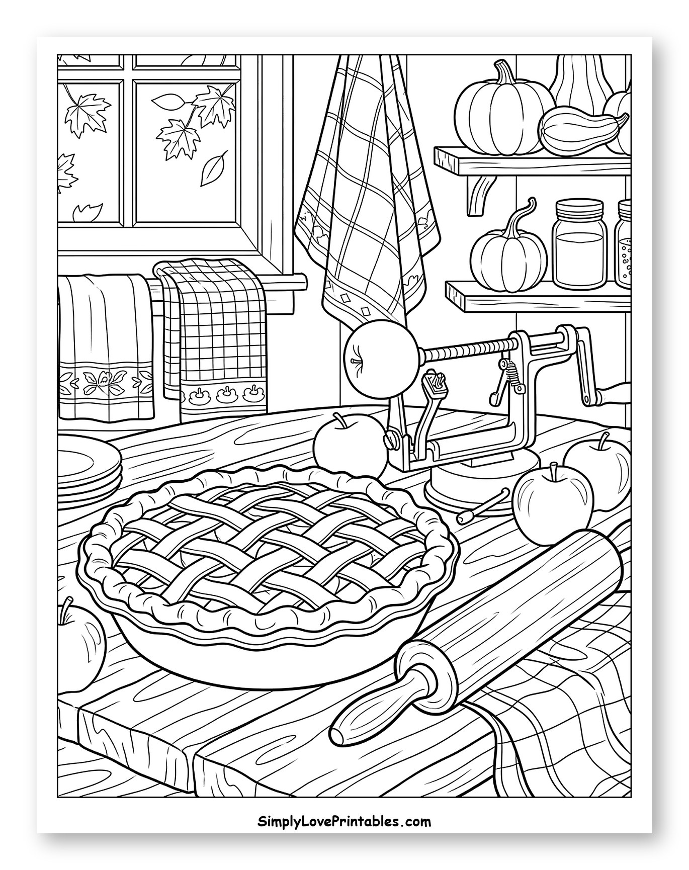Cozy Autumn Kitchen Baking Scene to Color