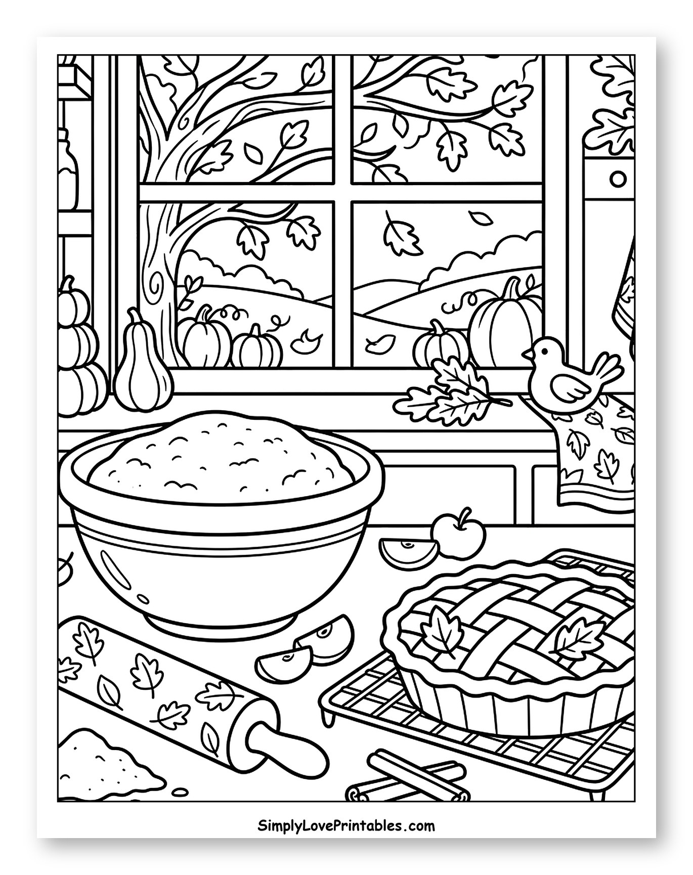 Cozy Autumn Kitchen with Apple Pie Coloring Page for Kids