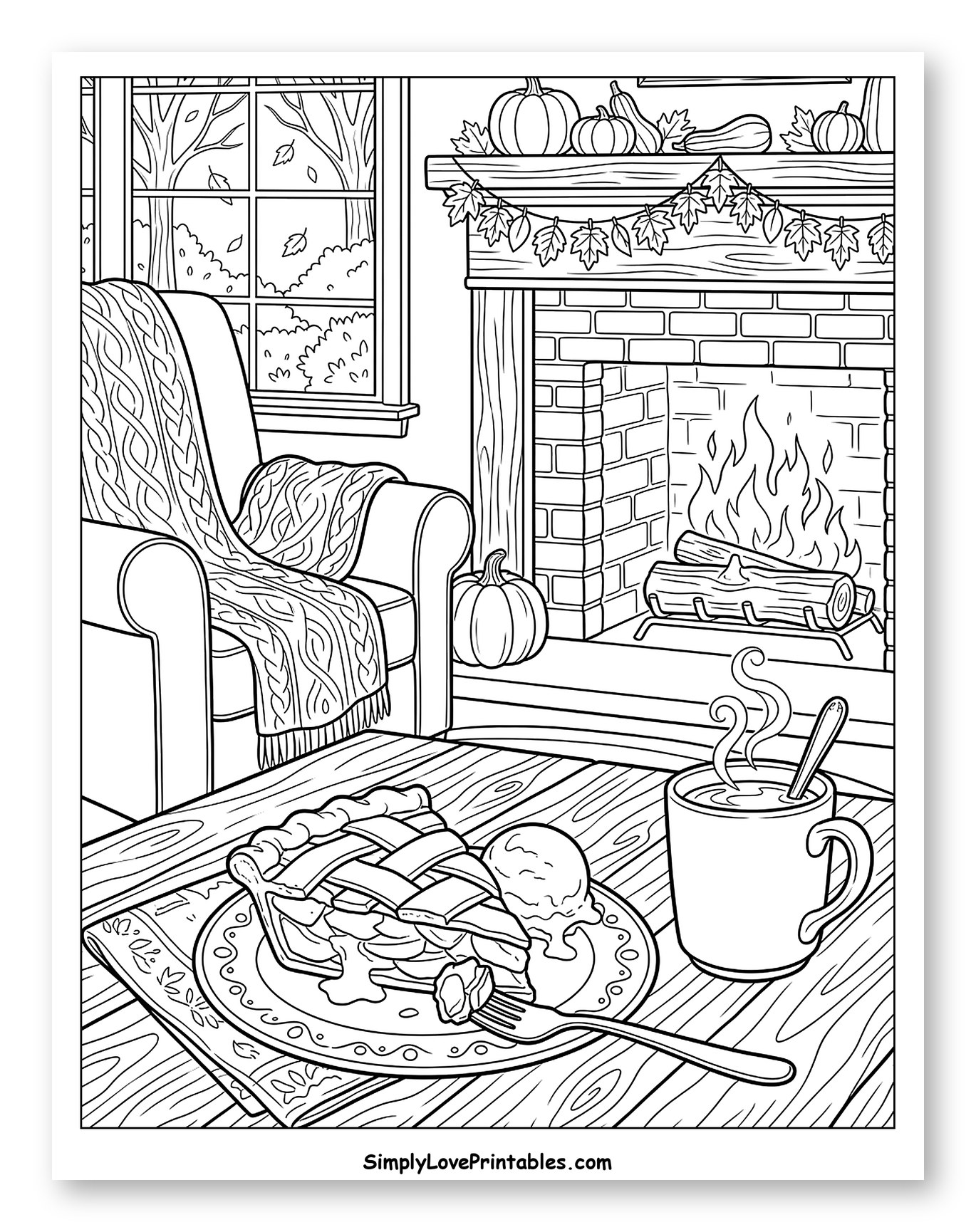 Cozy Autumn Living Room with Apple Pie to Color