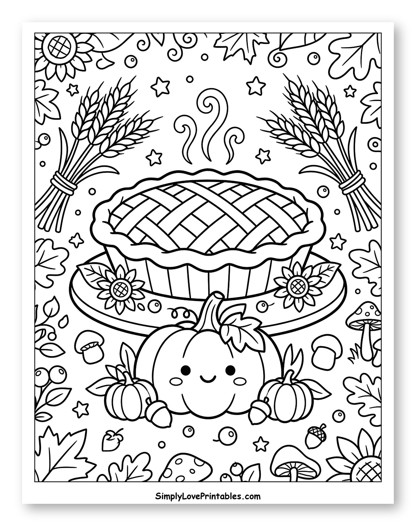 Cozy Autumn Pie and Smiling Pumpkin Coloring Page for Kids