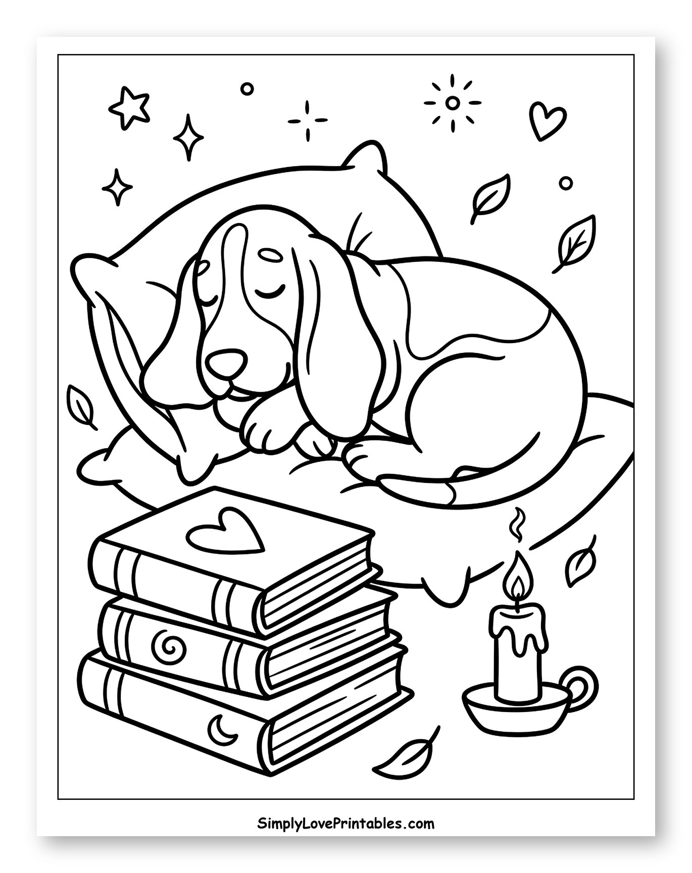 Cozy Basset Hound Napping with Books and Candle to Color for Adults