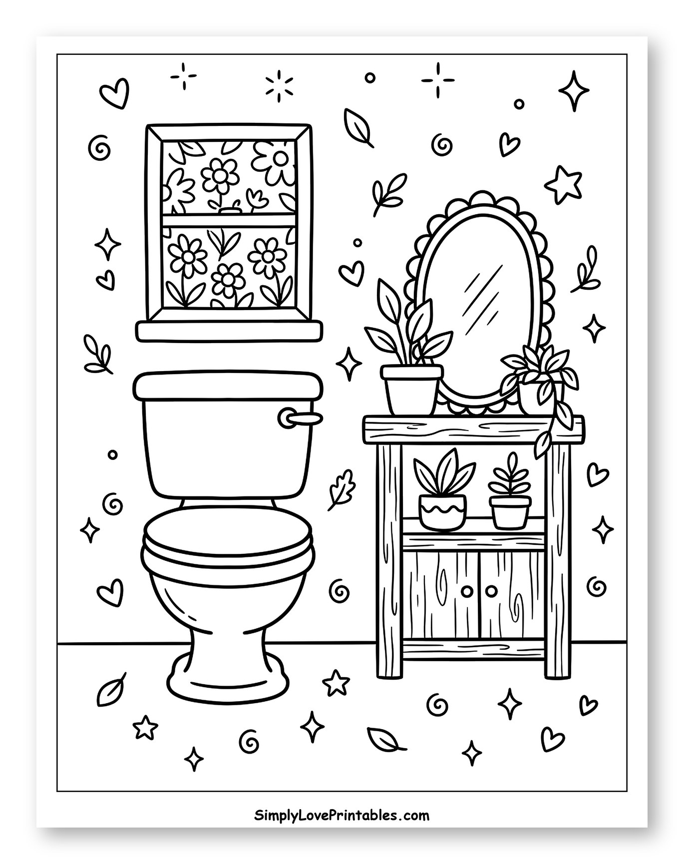 Cozy Bathroom with Toilet, Mirror, and Plants Coloring Sheet for Adults