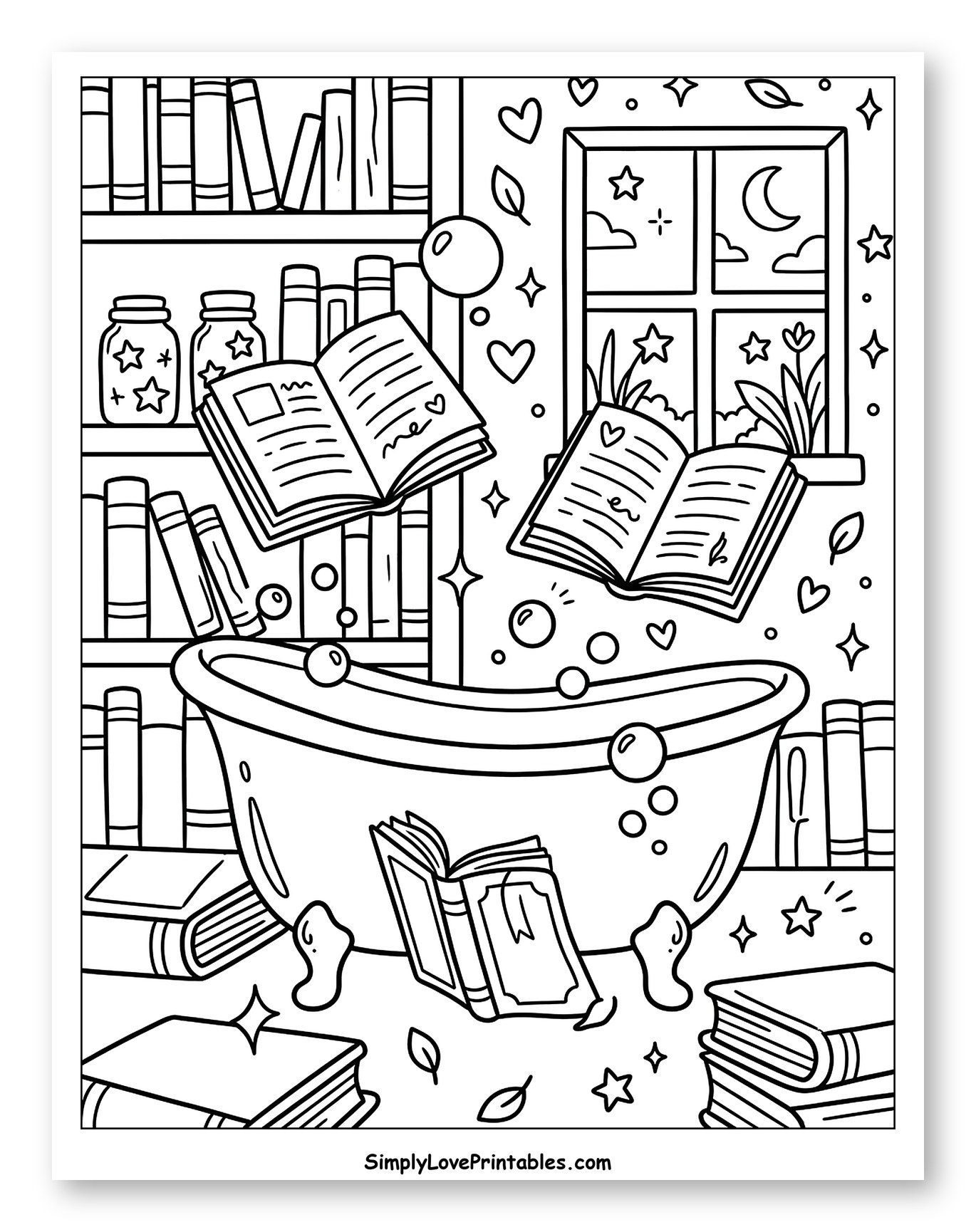 Cozy Bathtub with Floating Books Coloring Page for Adults