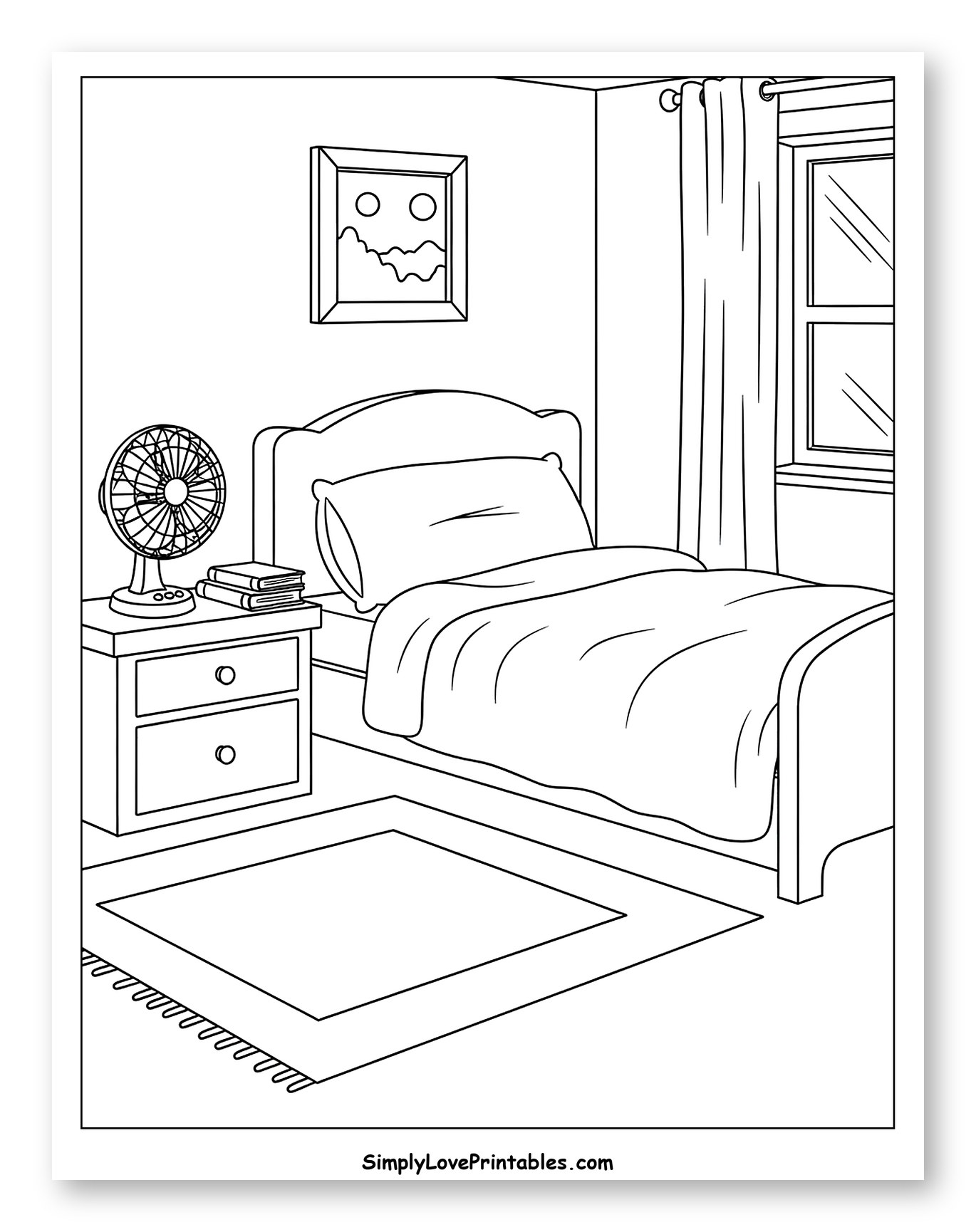 Cozy Bedroom with Bed, Fan, and Window Coloring Sheet for Kids