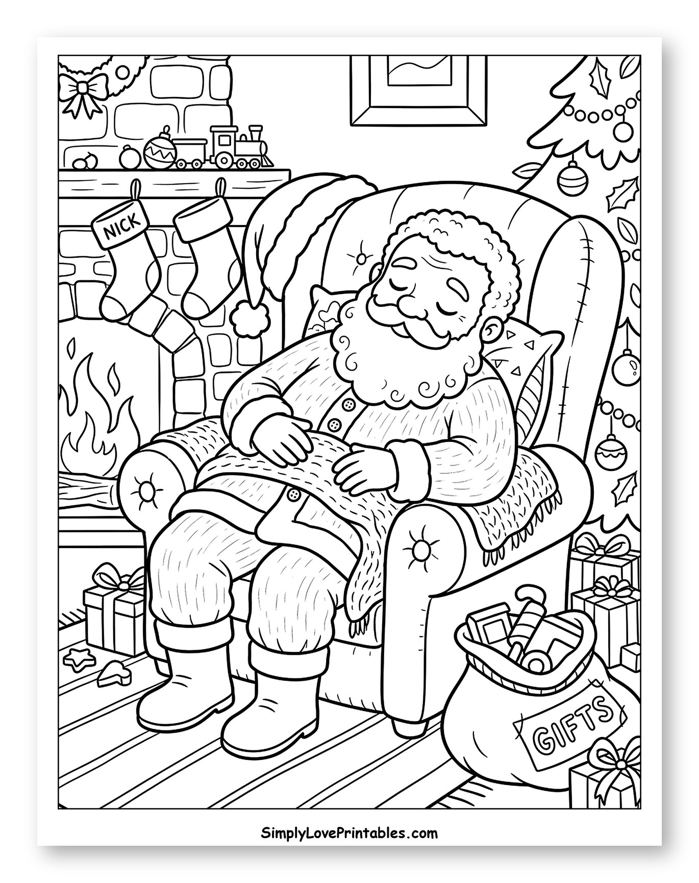 Cozy Black Santa Napping by the Fireplace Coloring Page for Kids