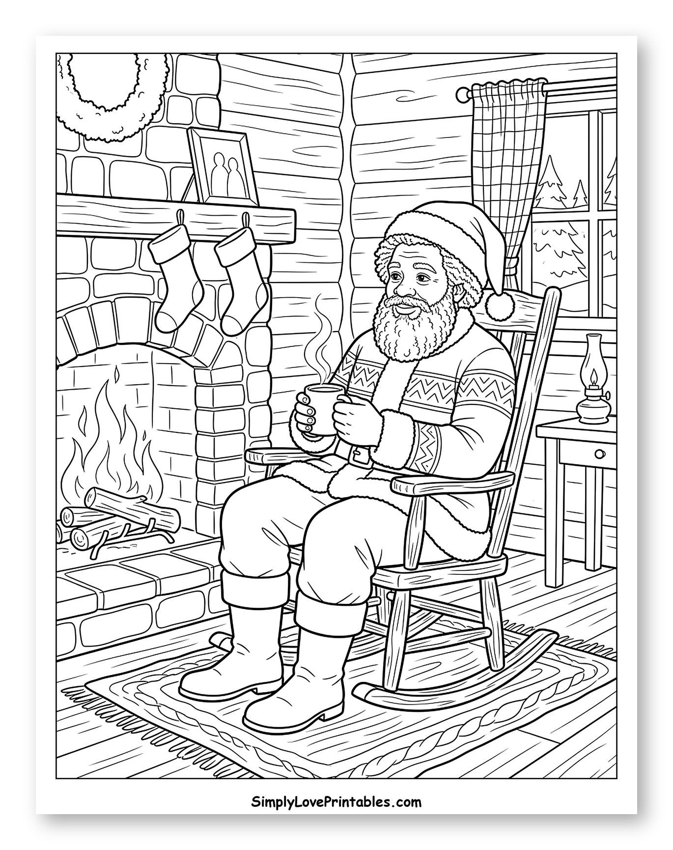 Cozy Black Santa Relaxing by the Fireplace Coloring Page