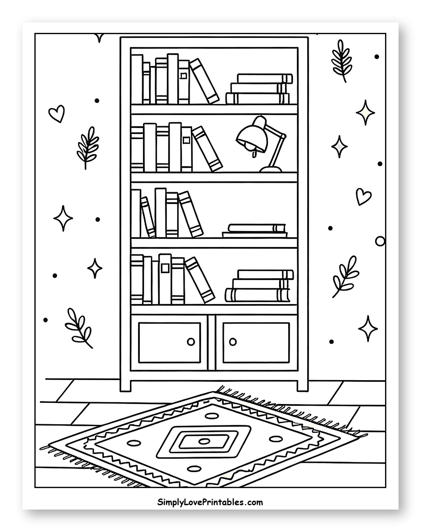 Cozy Bookshelf Scene with a Patterned Rug