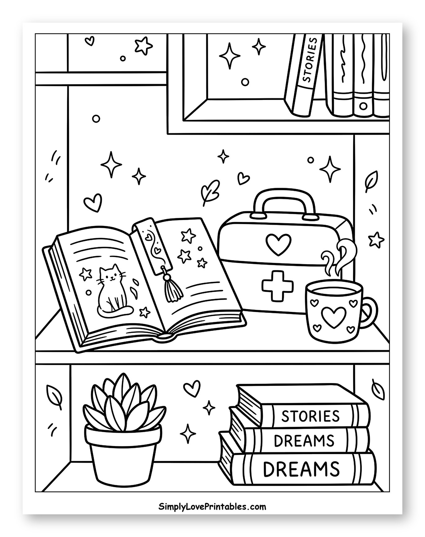 Cozy Bookshelf with a First Aid Kit Coloring Page for Adults