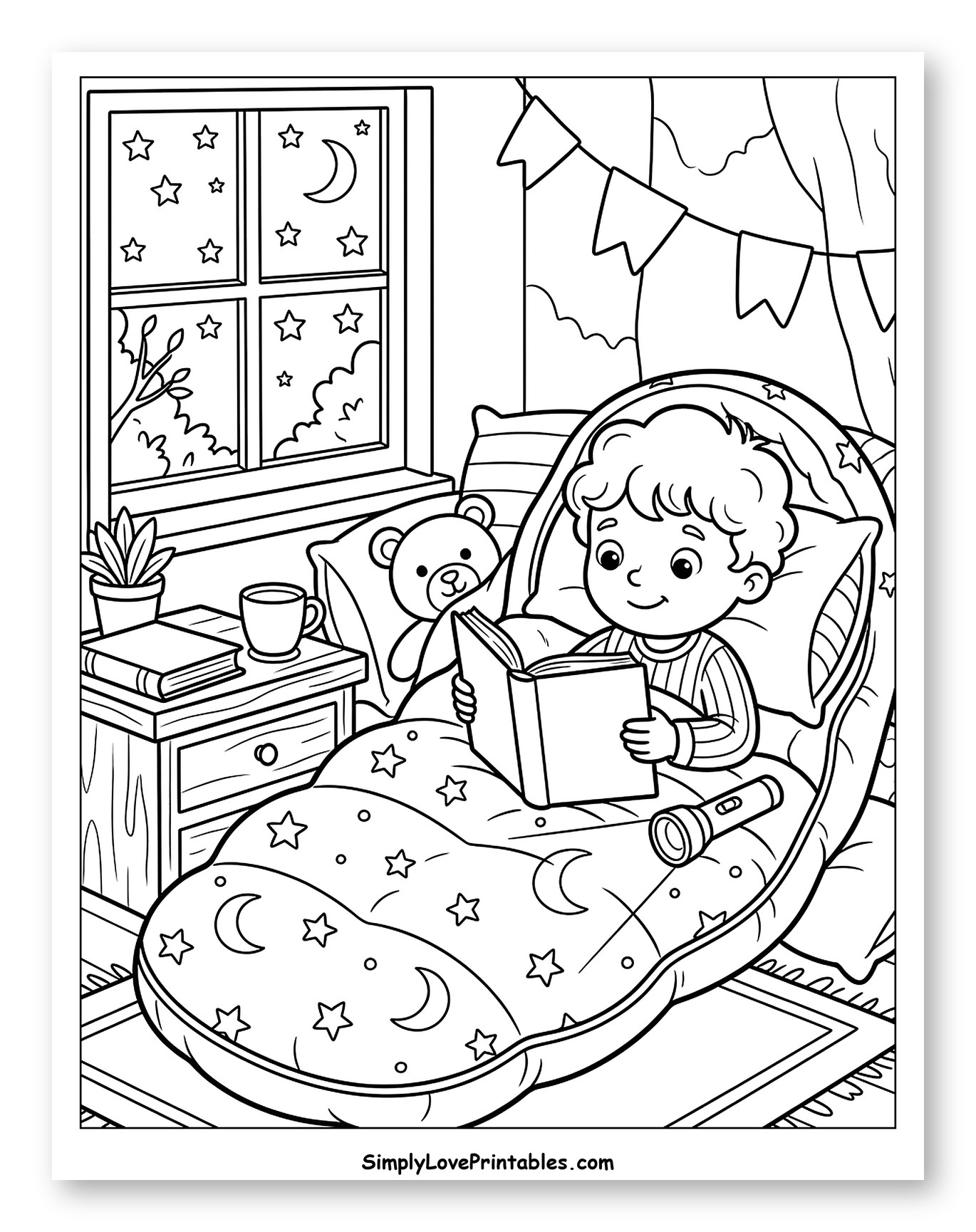 Cozy Boy Reading a Book in Sleeping Bag to Color for Kids