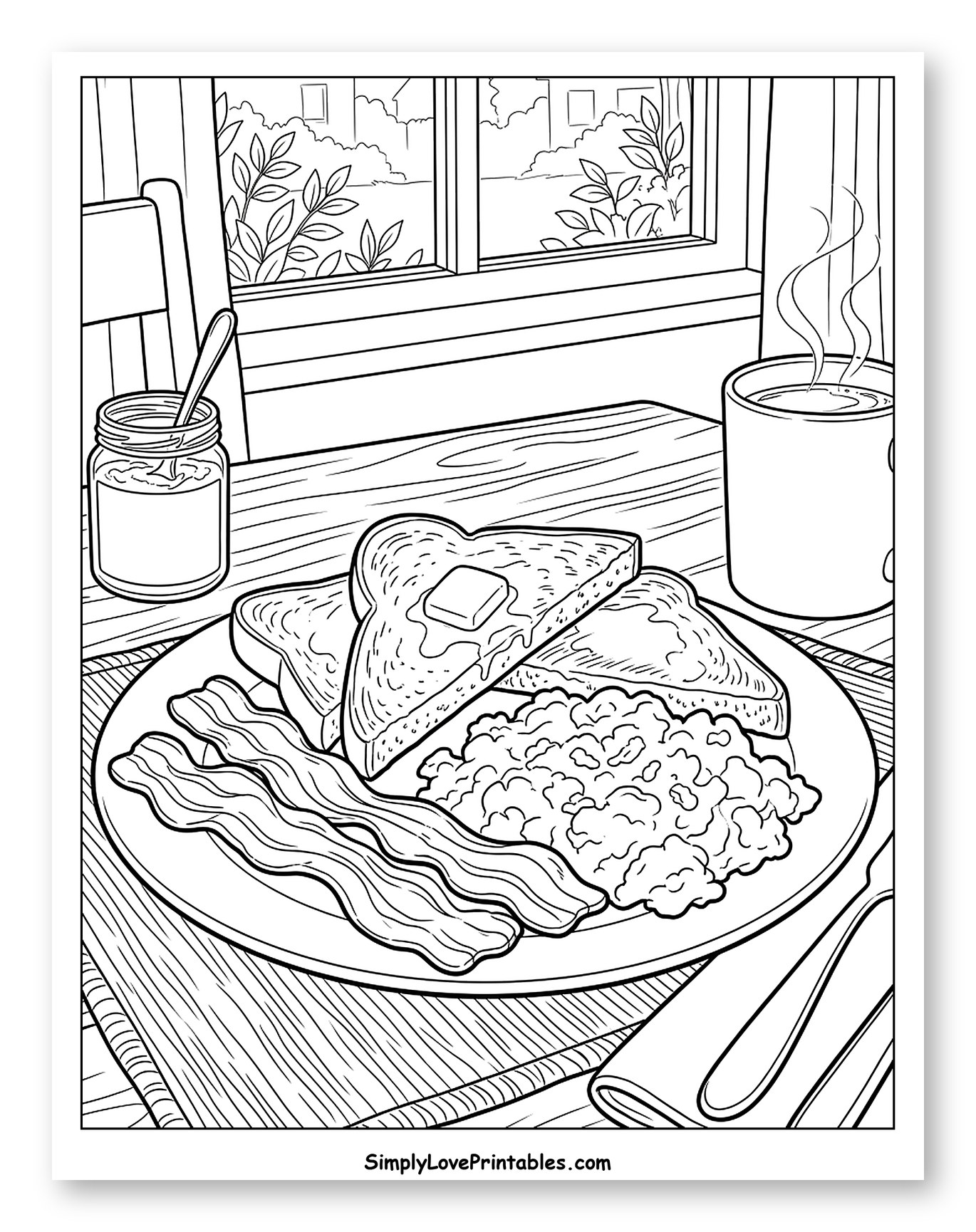 Cozy Breakfast with Bacon, Eggs, and Toast Coloring Page