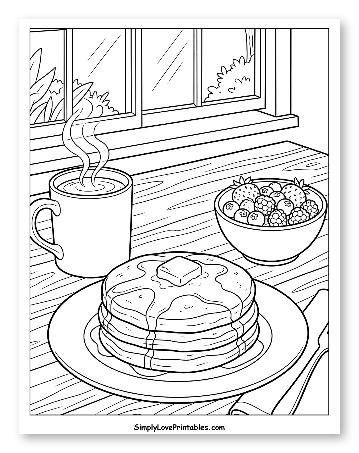Cozy Breakfast with Pancakes and Steaming Mug to Color