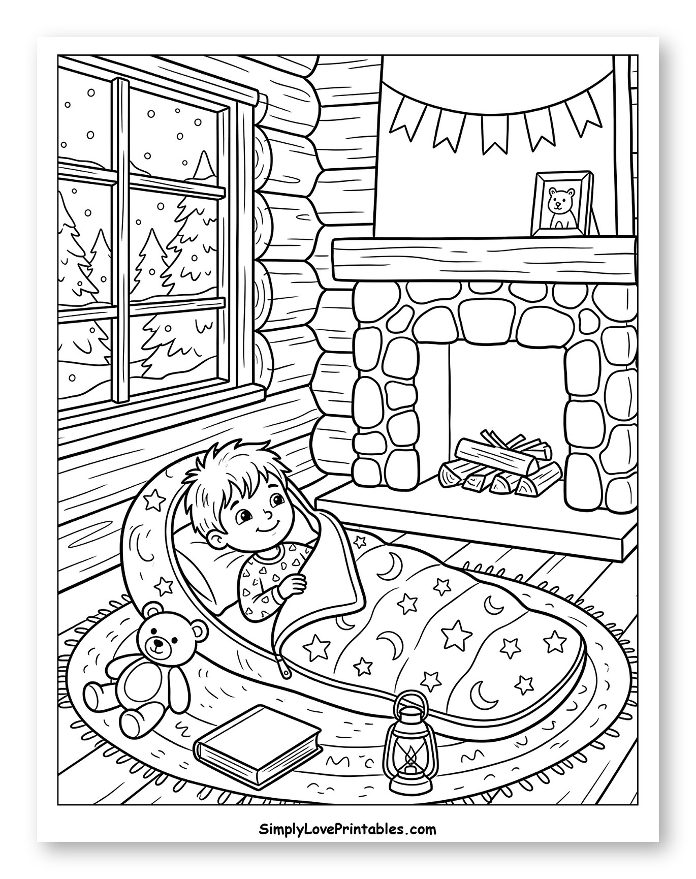 Cozy Cabin Scene with Boy in Sleeping Bag to Color for Kids