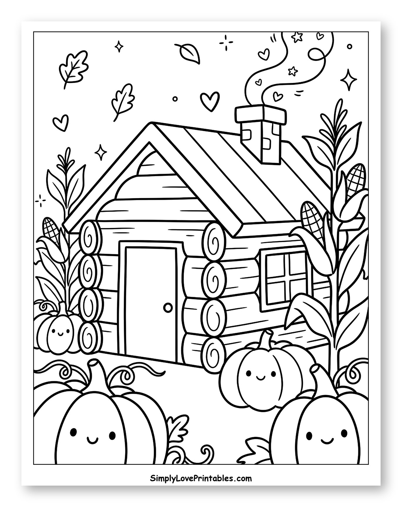 Cozy Cabin Surrounded by Fall Harvest Coloring Sheet for Adults