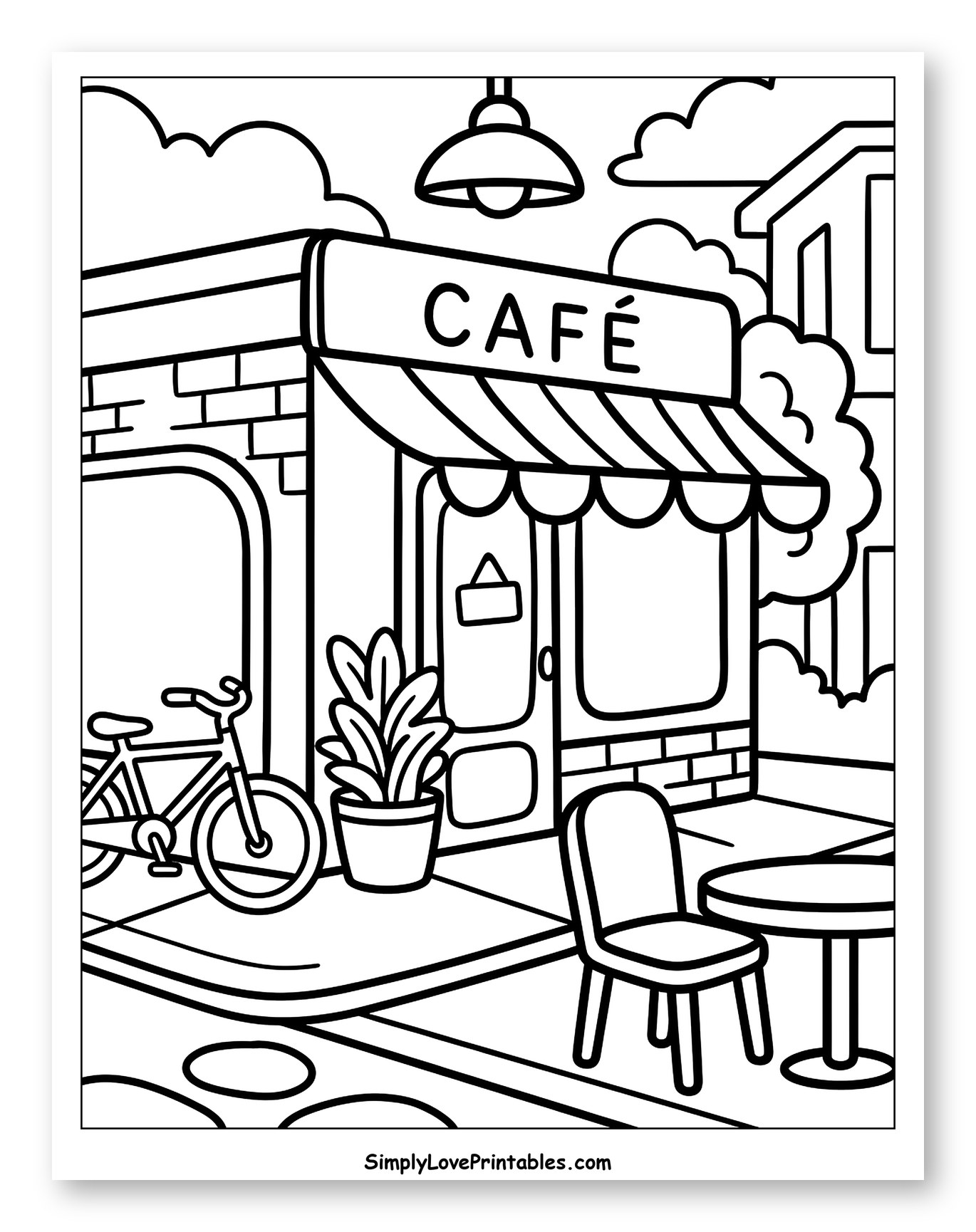 Cozy Cafe Exterior with Bicycle Coloring Sheet for Toddlers