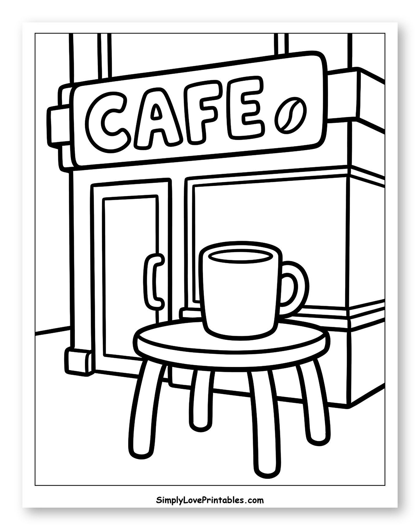 Cozy Cafe Exterior with Coffee Cup Coloring Sheet for Toddlers