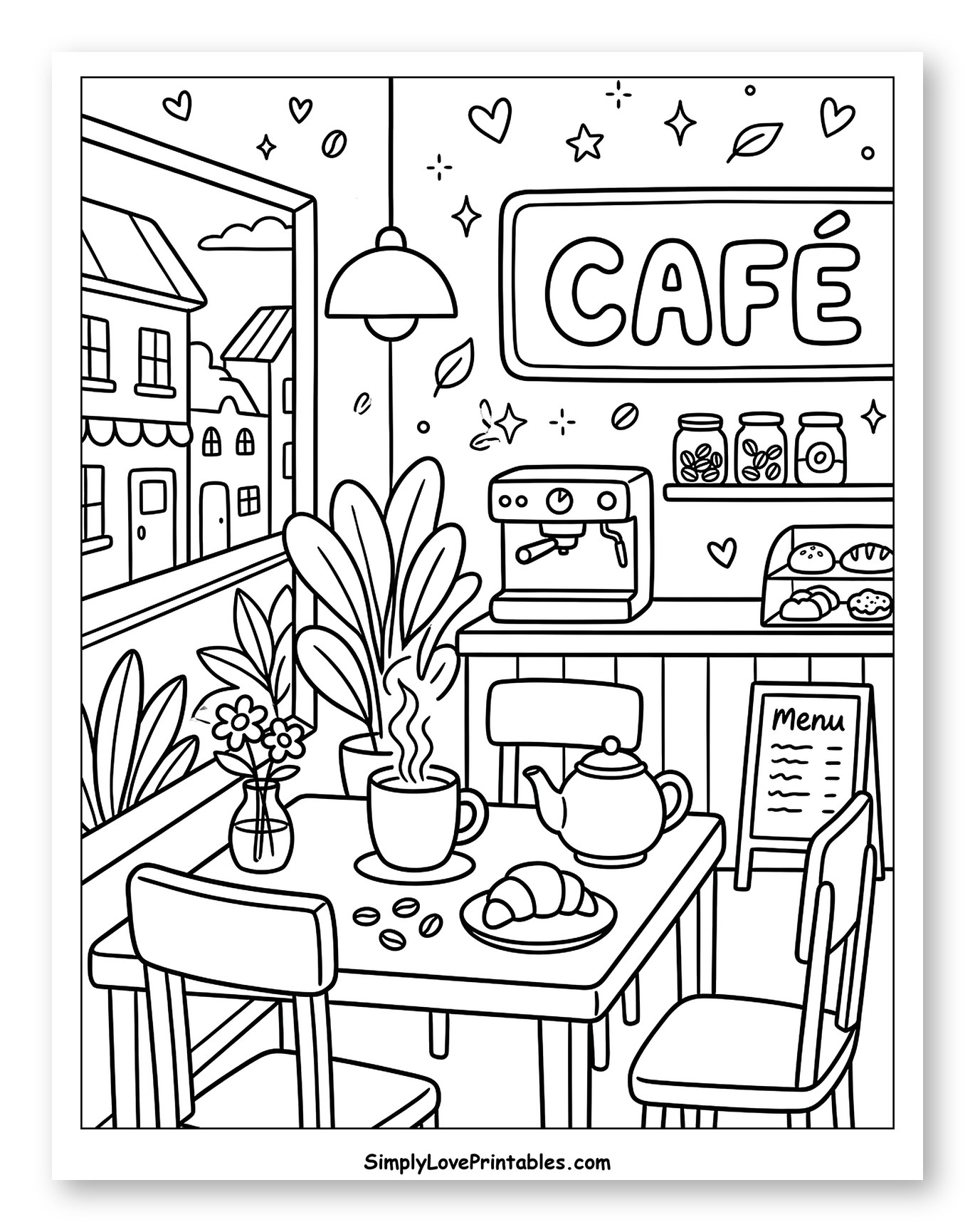 Cozy Cafe Interior with Coffee and Pastries to Color for Adults