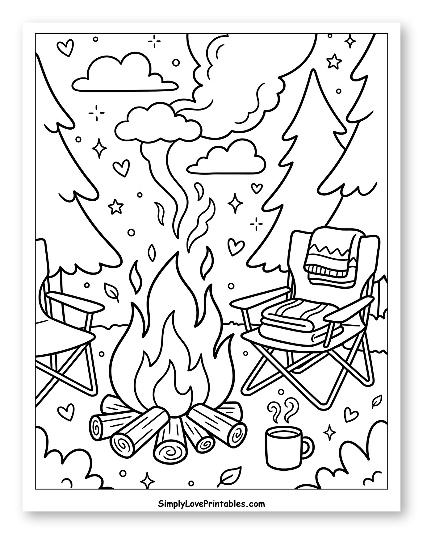 Cozy Campfire with Chairs and Trees Coloring Page for Adults
