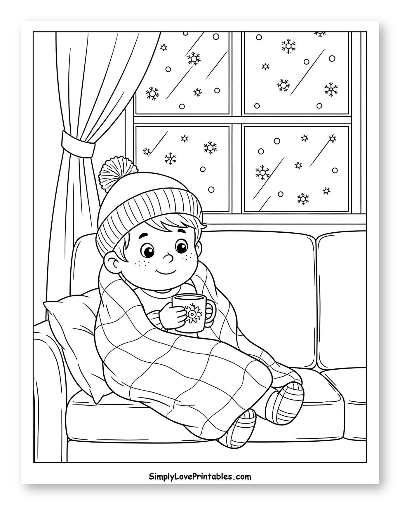 Cozy Child by Window on Snowy Day