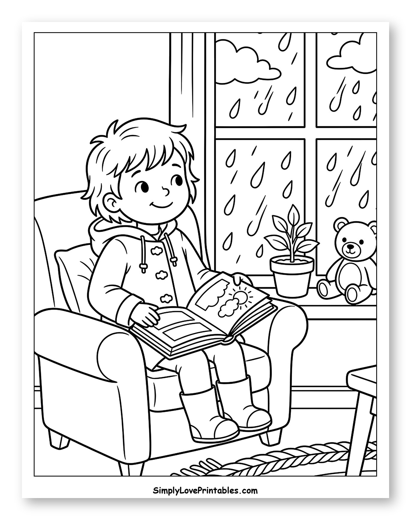 Cozy Child Reading by Window in Rain