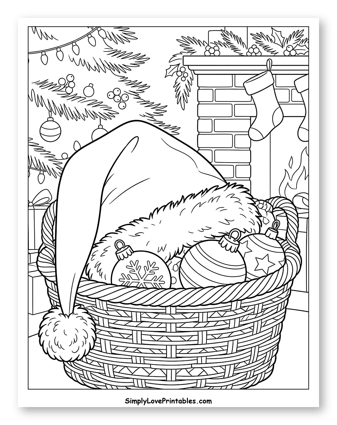 Cozy Christmas Basket with Santa Hat to Color