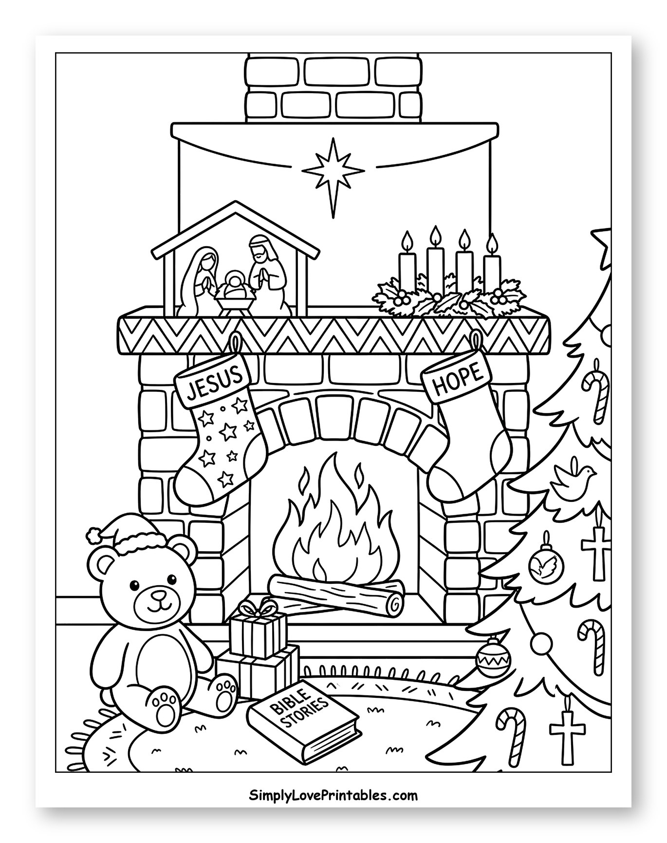Cozy Christmas Fireplace with Nativity and Teddy Bear