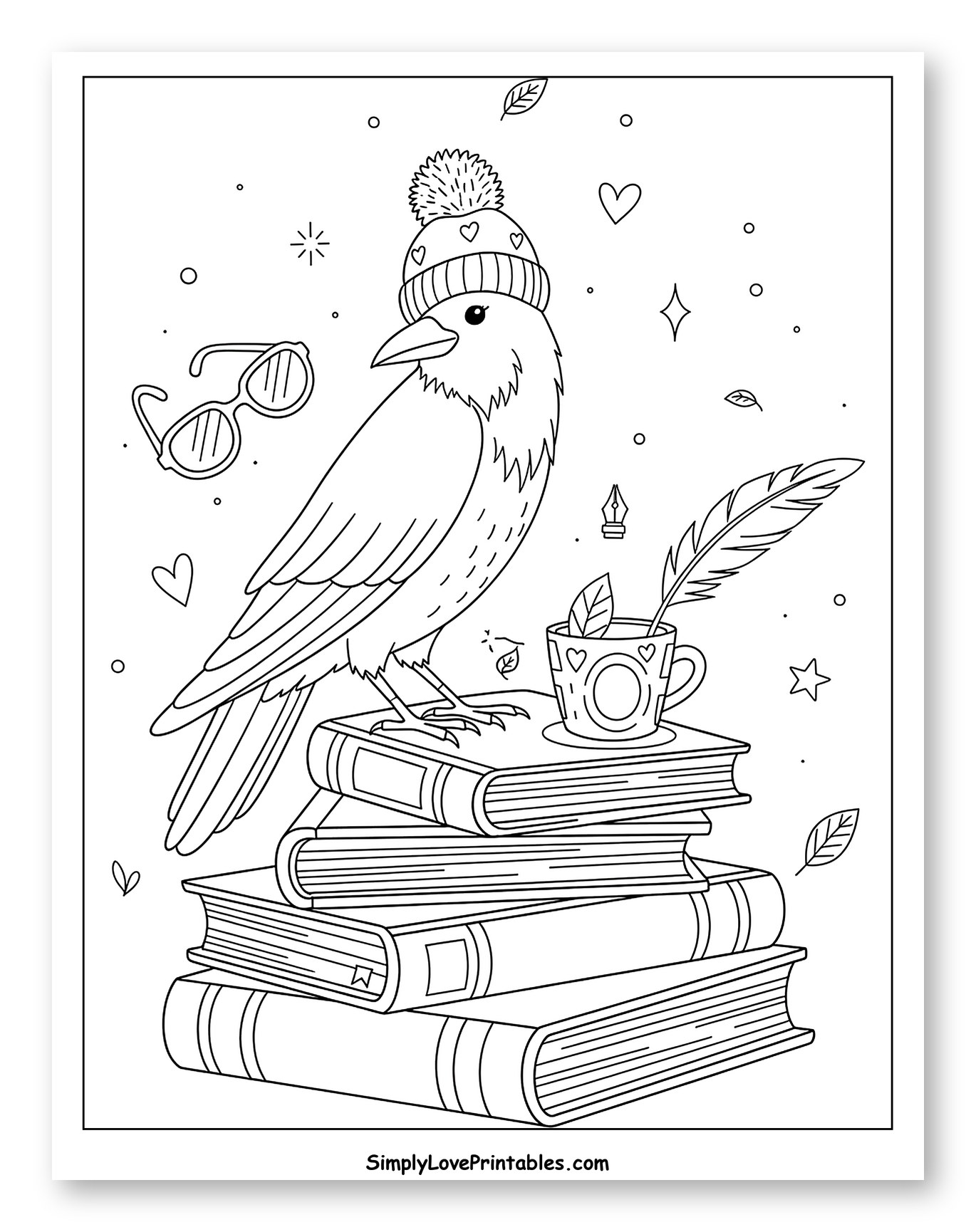 Cozy Crow on a Stack of Books Coloring Sheet for Adults