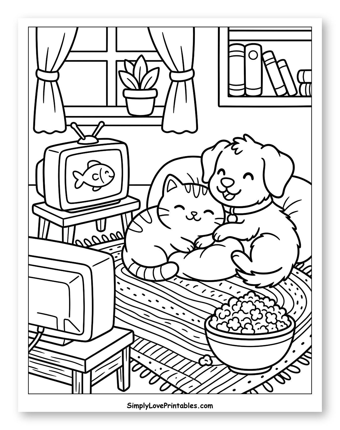 Cozy Dog and Cat Watching TV Together Coloring Sheet for Kids