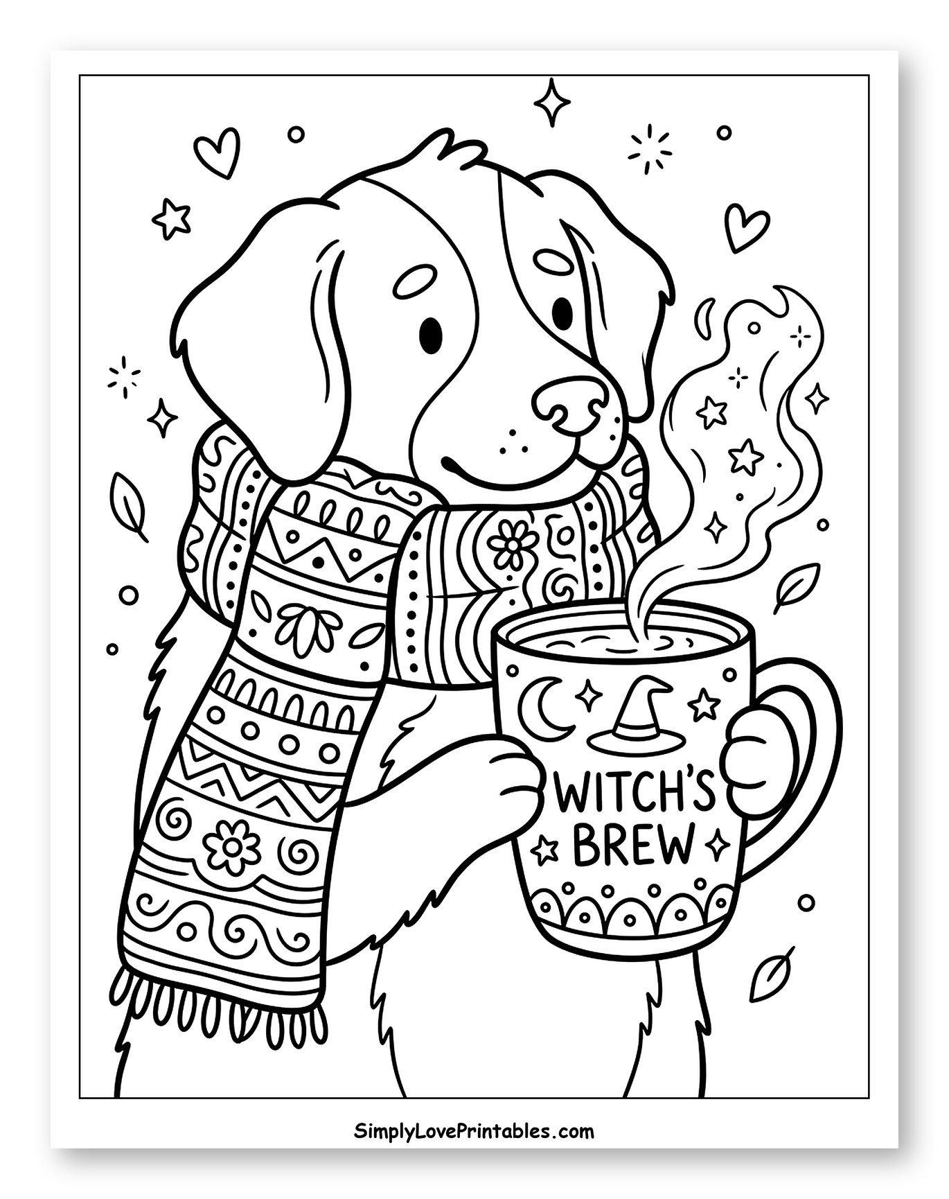 Cozy Dog in Scarf with Witch's Brew