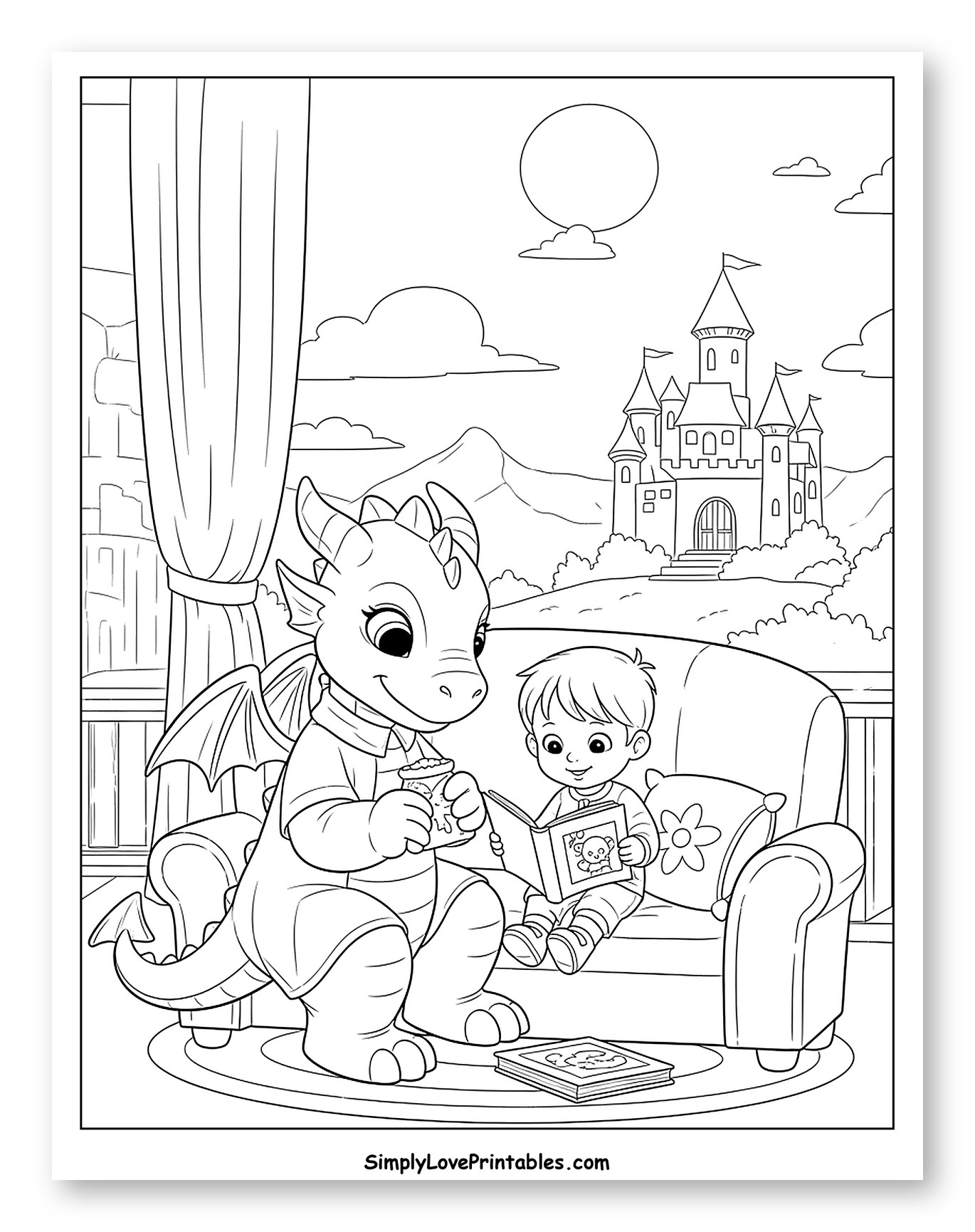 Cozy Dragon and Boy Reading with Castle View