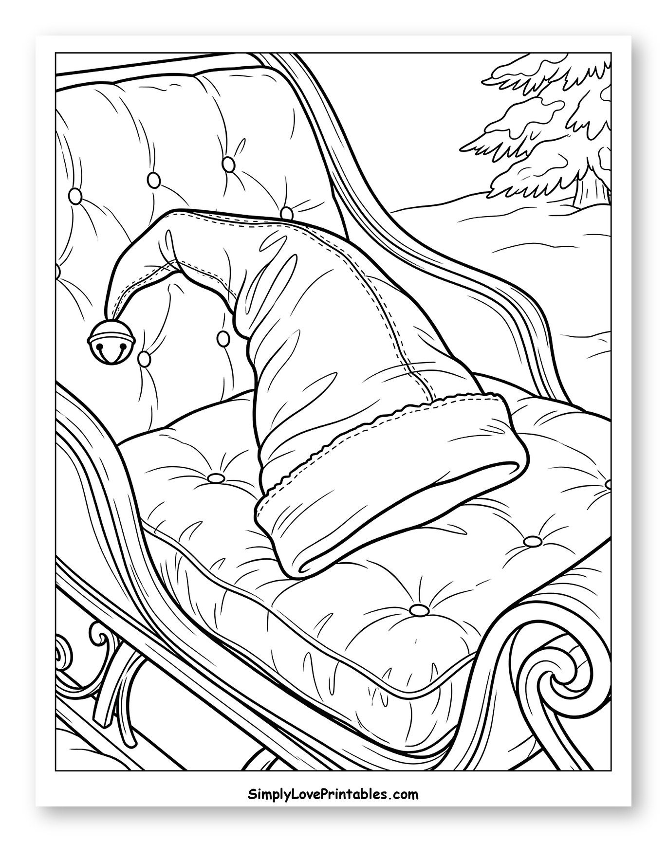 Cozy Elf Hat on a Snowy Sleigh Coloring Sheet