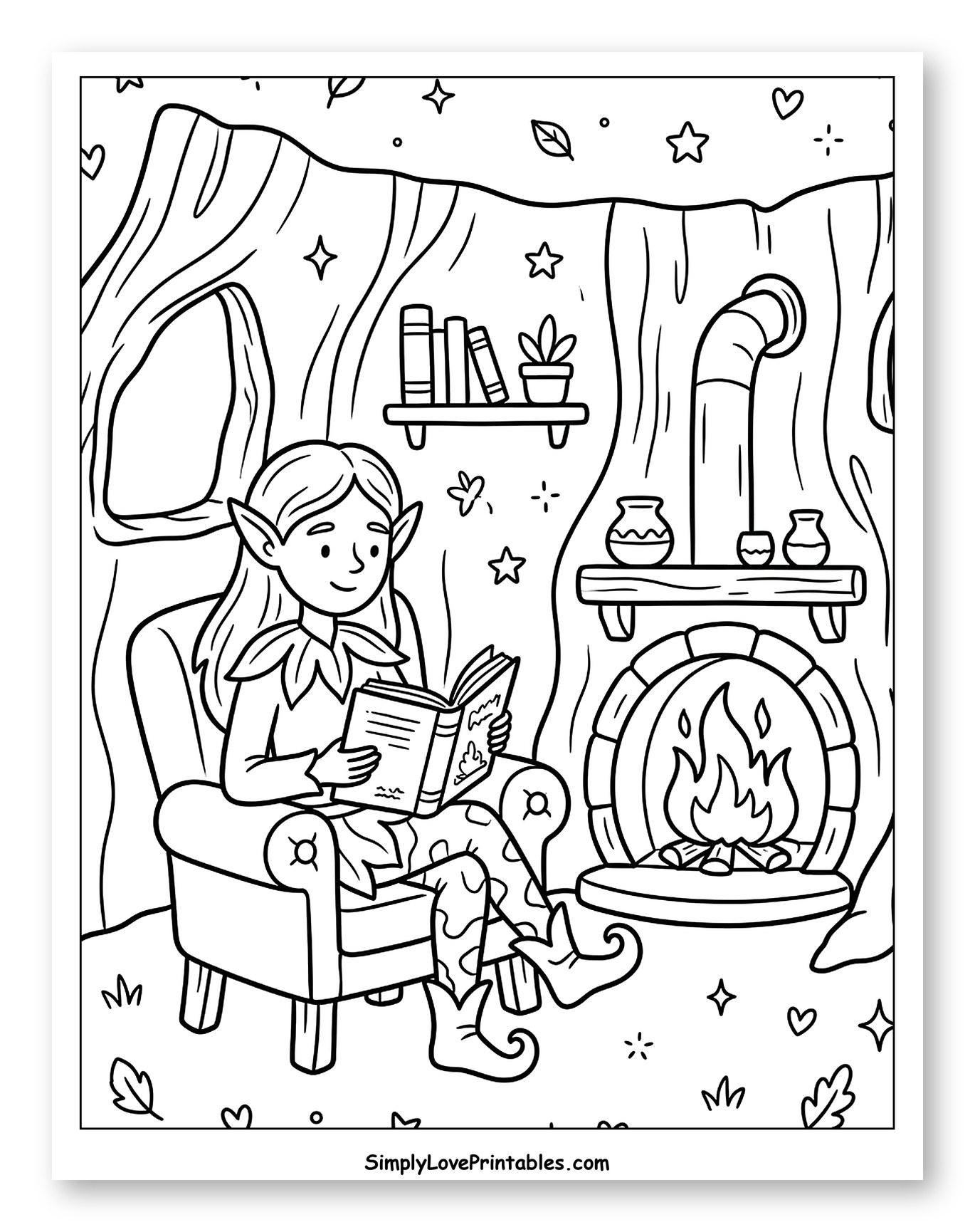 Cozy Elf Reading in a Tree House to Color for Adults