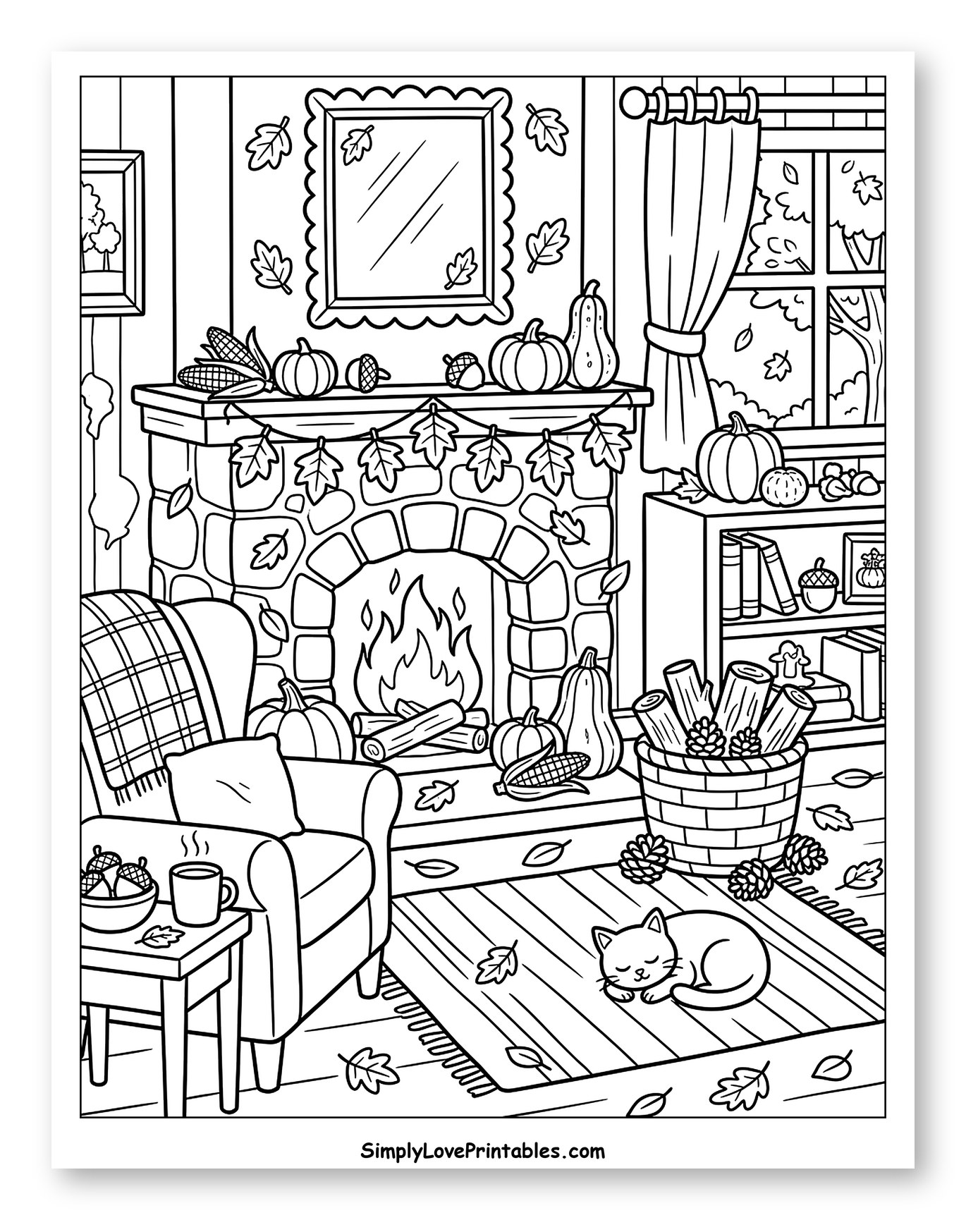Cozy Fall Living Room with Sleeping Cat