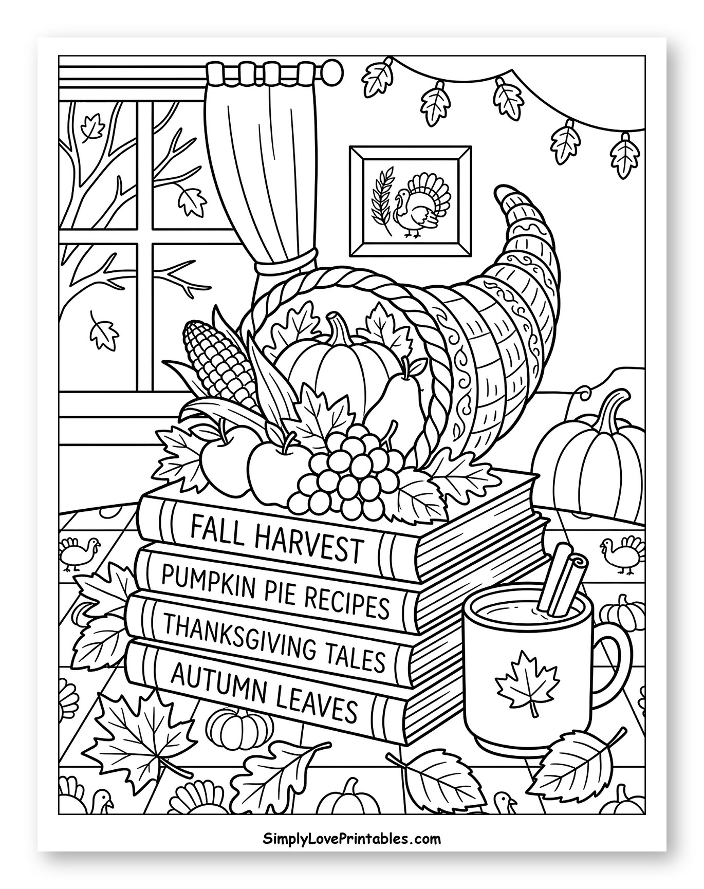 Cozy Fall Scene with Cornucopia and Books to Color for Kids