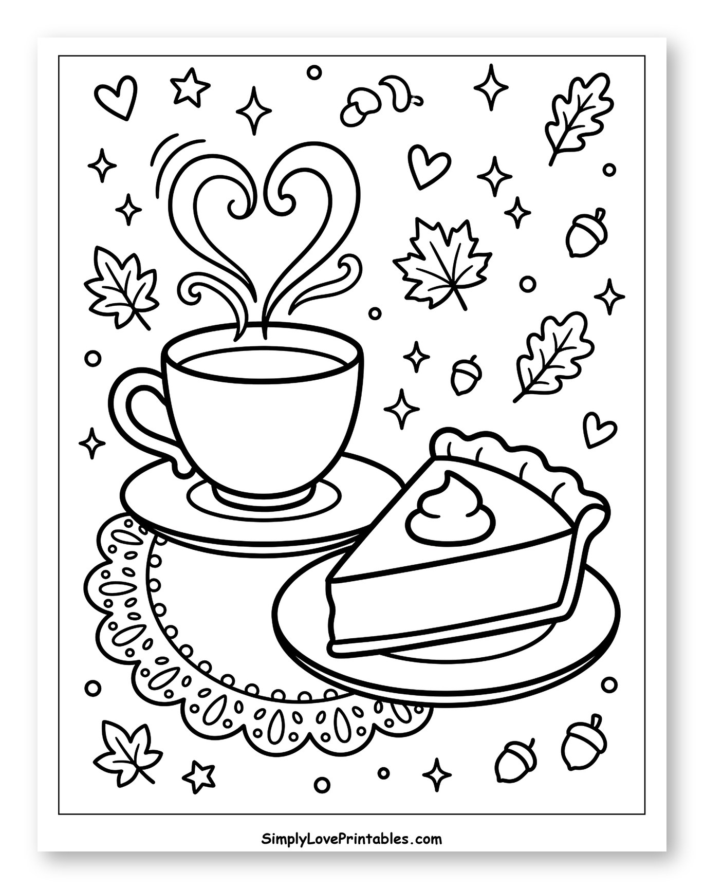 Cozy Fall Scene with Pie and Hot Drink Coloring Page for Adults