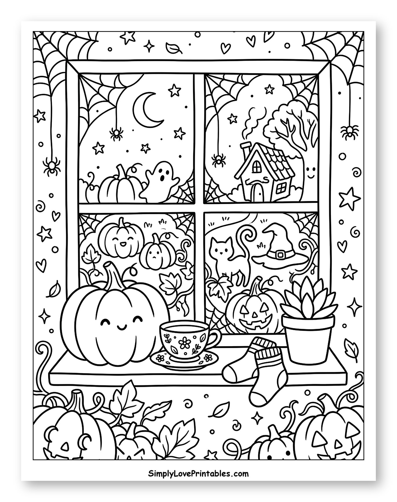 Cozy Fall Window with Halloween Decorations to Color for Adults