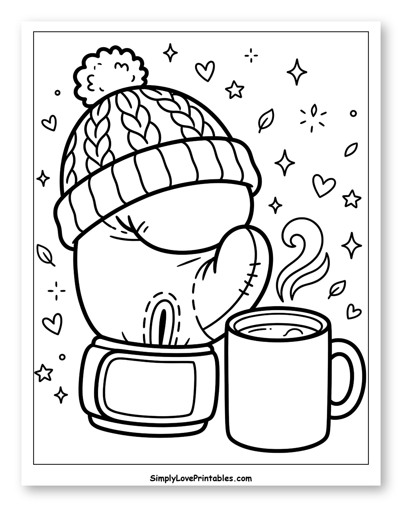 Cozy Figure in Winter Hat and Gloves with Hot Cocoa Coloring Sheet for Adults