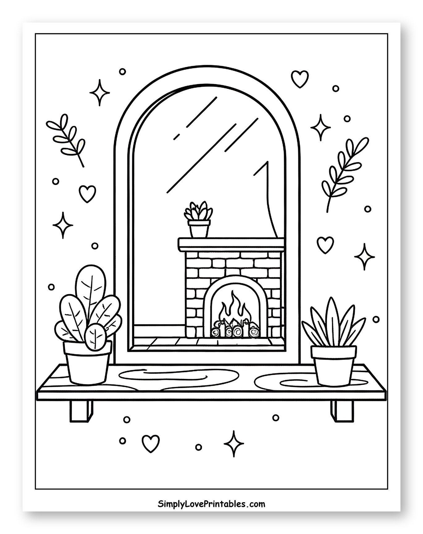 Cozy Fireplace Reflected in an Arched Mirror Coloring Sheet for Adults