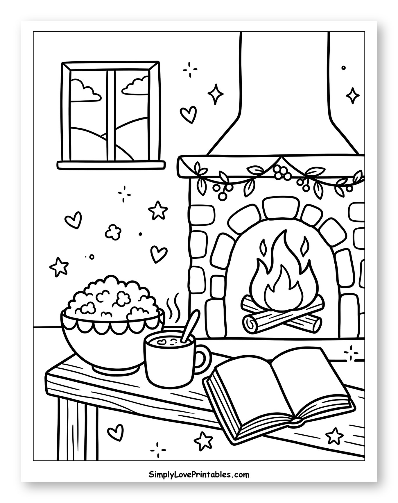 Cozy Fireplace Scene with Popcorn and Book Coloring Sheet for Adults