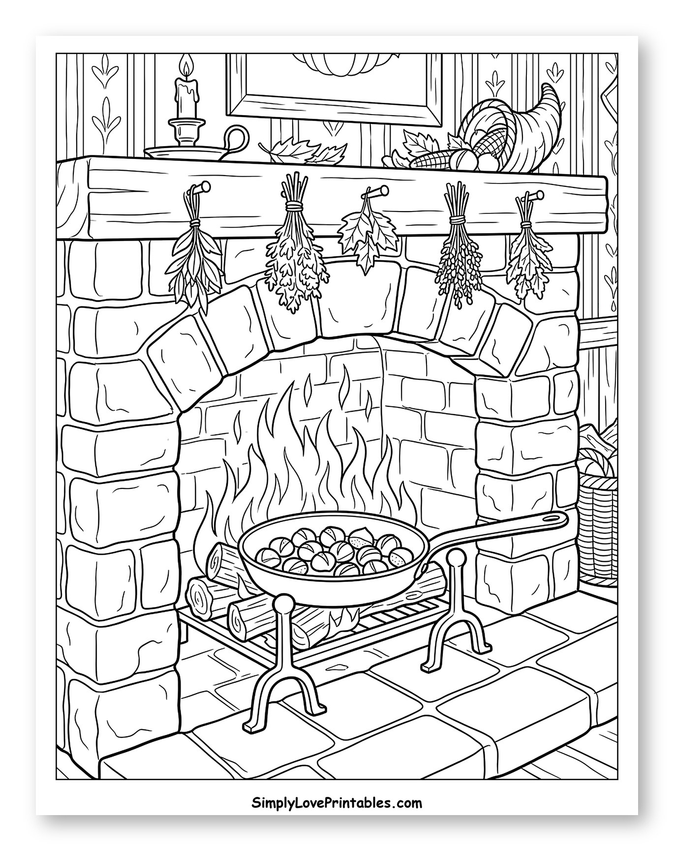 Cozy Fireplace with Chestnuts and Fall Decorations Coloring Page