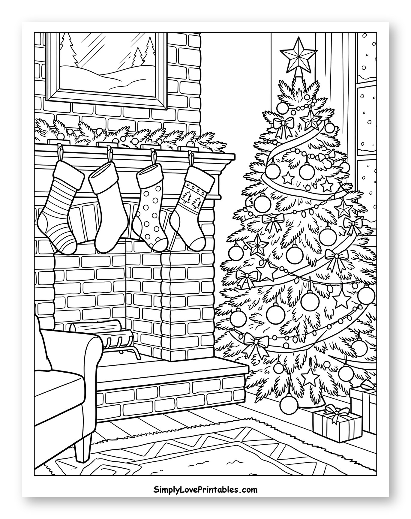 Cozy Fireplace with Christmas Tree and Stockings