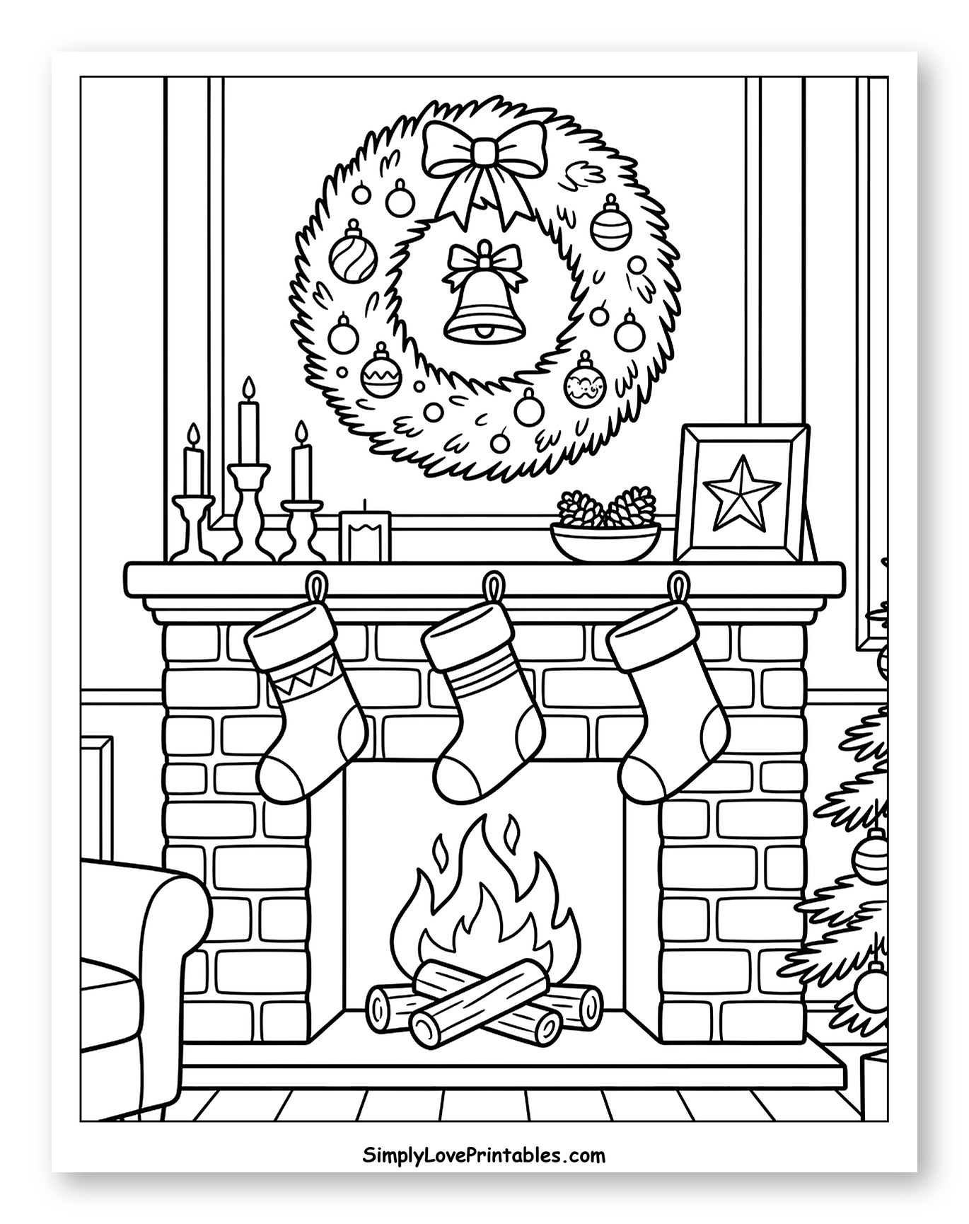 Cozy Fireplace with Christmas Wreath and Stockings