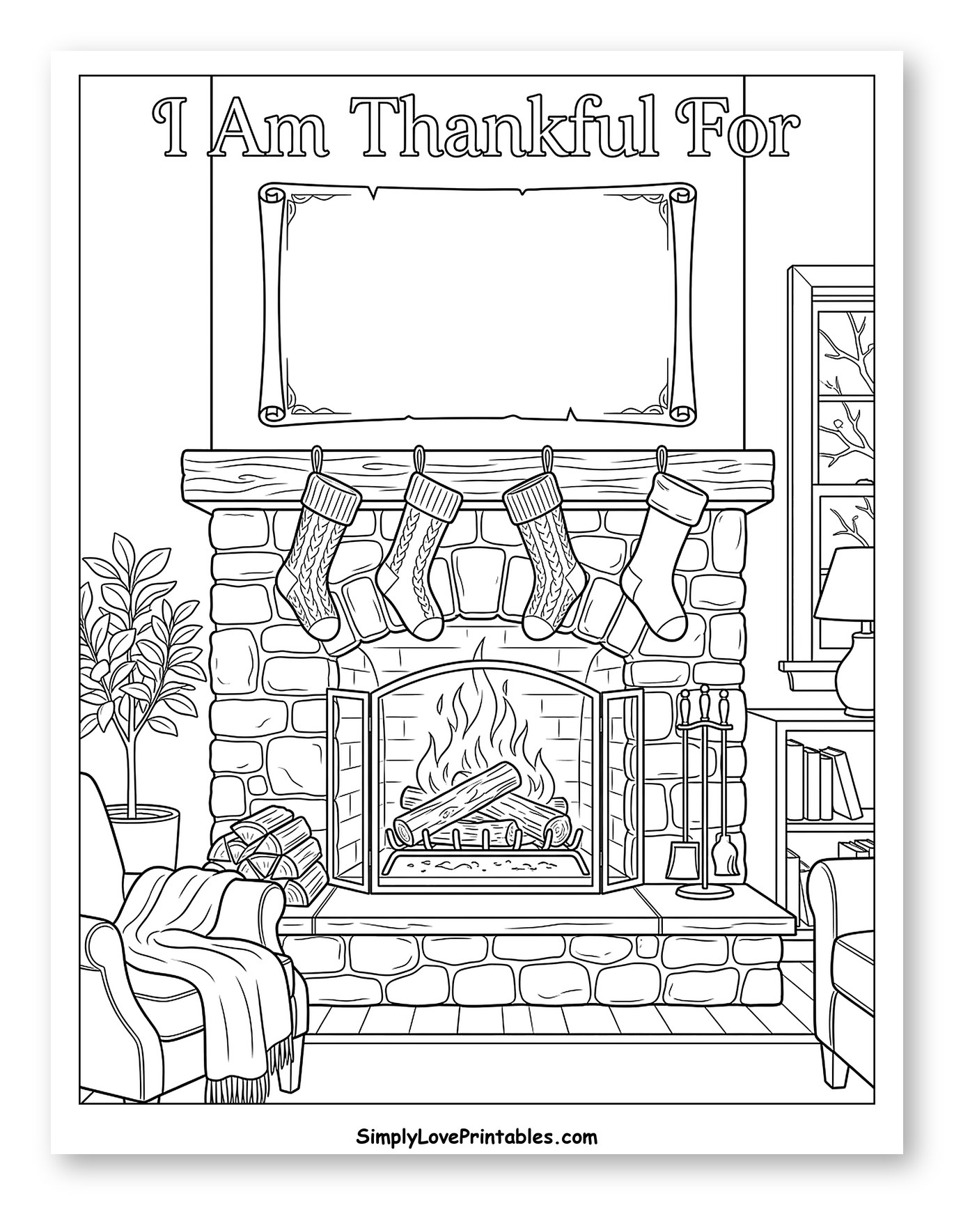 Cozy Fireplace with Gratitude Scroll and Stockings