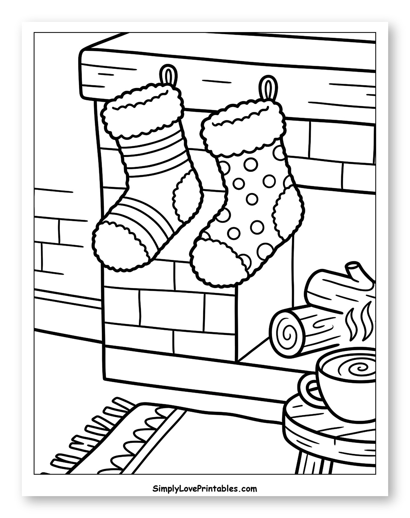 Cozy Fireplace with Hanging Christmas Stockings Coloring Page for Kids