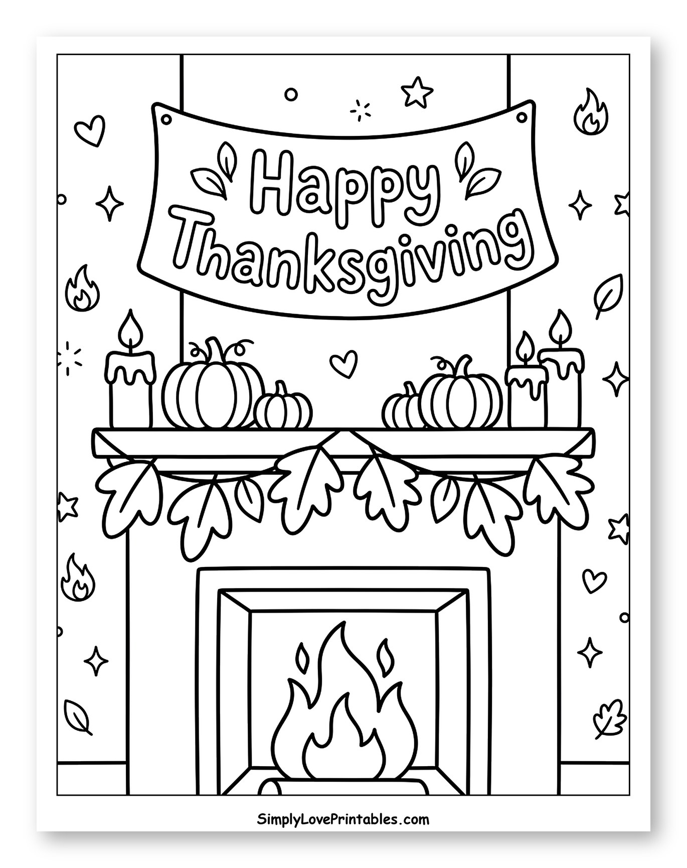 Cozy Fireplace with Happy Thanksgiving Banner Coloring Page for Adults