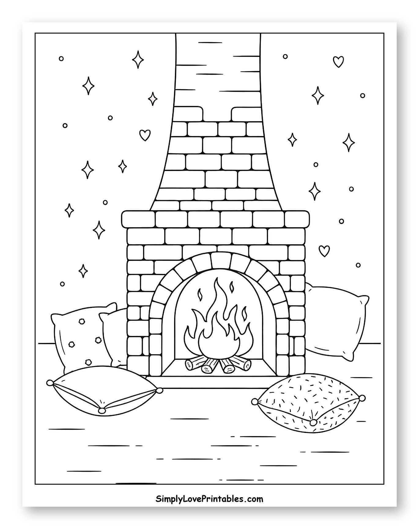 Cozy Fireplace with Pillows and Sparkles to Color for Adults