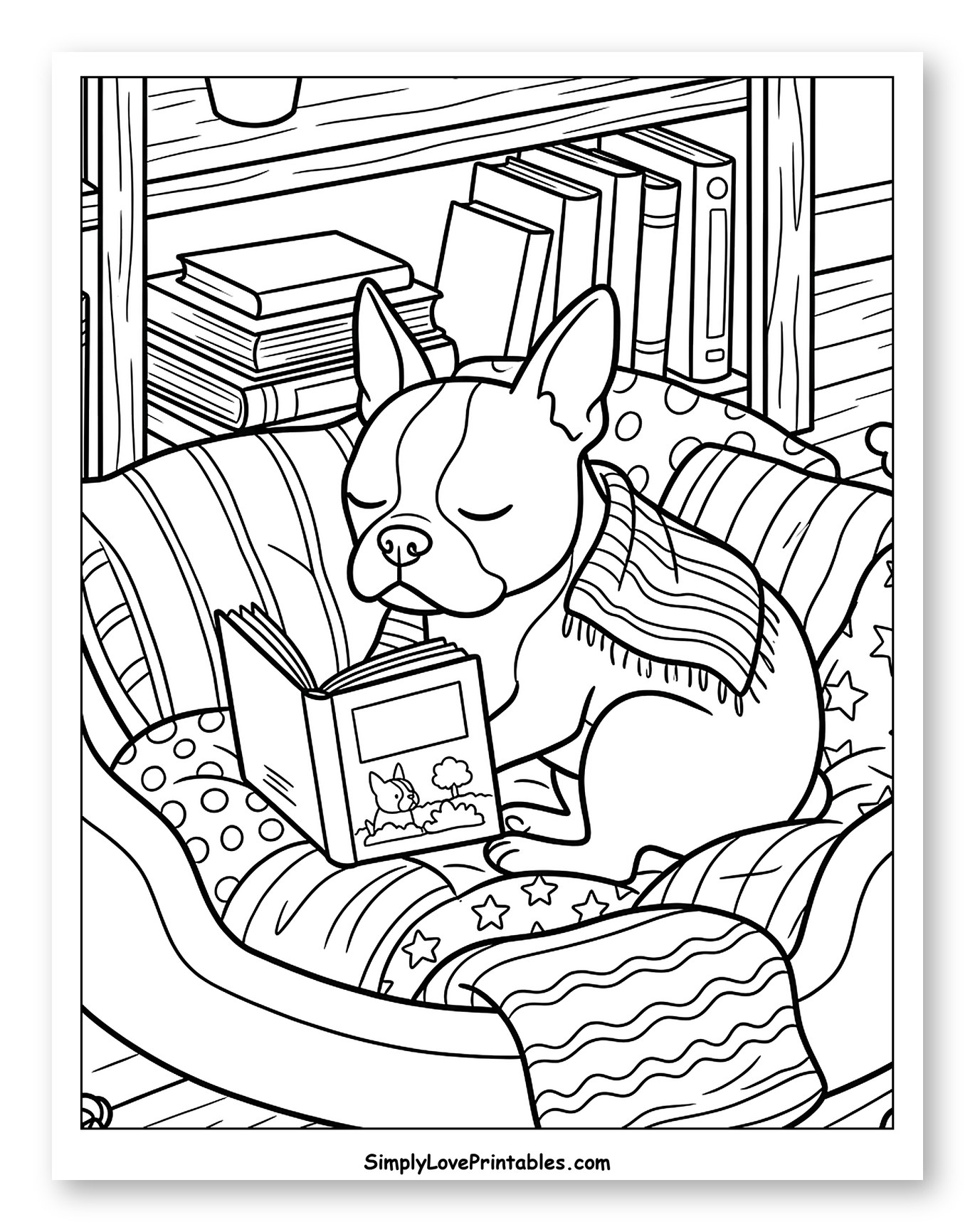Cozy French Bulldog Reading in Dog Bed Coloring Page for Kids