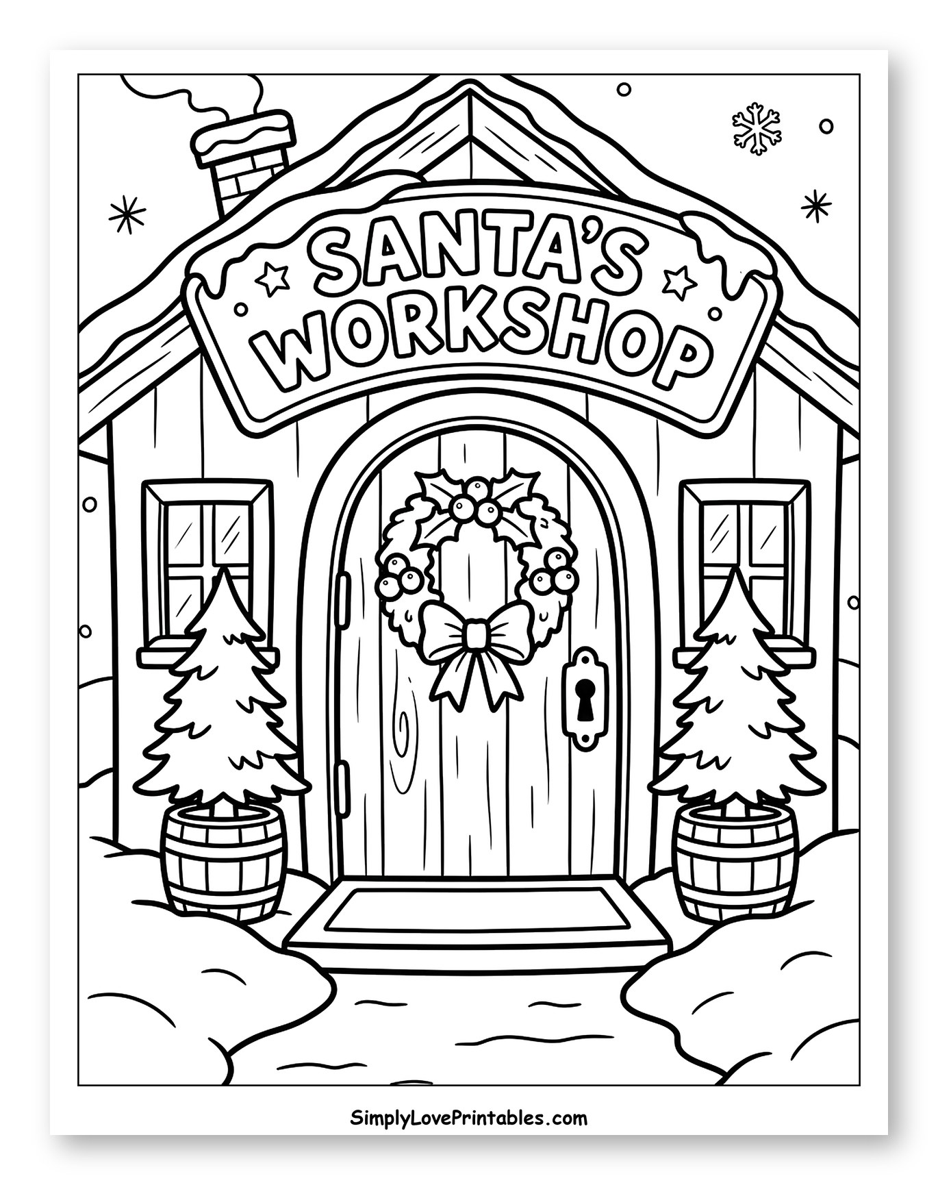 Cozy Front Door of Santa's Workshop Coloring Sheet for Toddlers