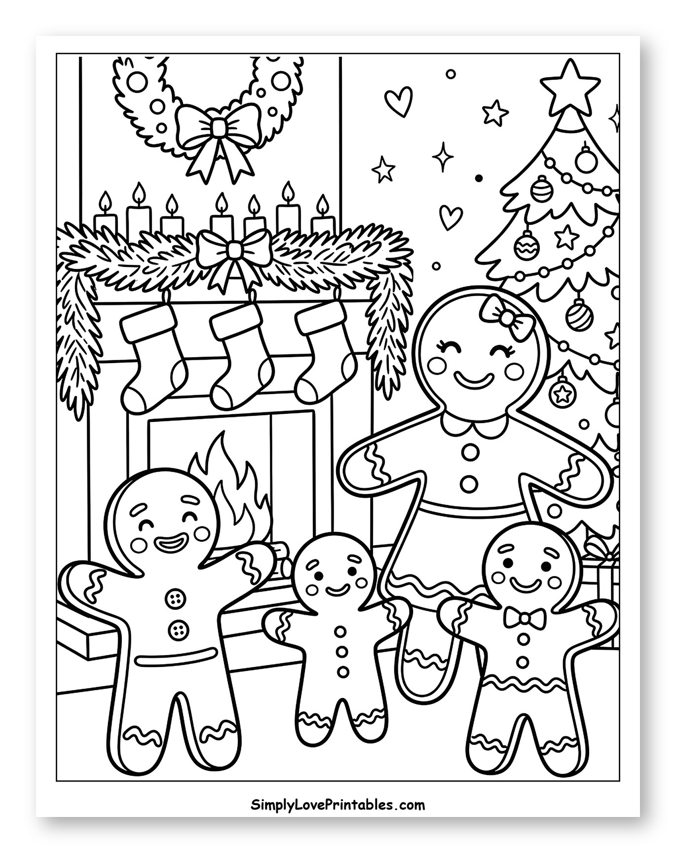 Cozy Gingerbread Family by the Fireplace to Color for Adults