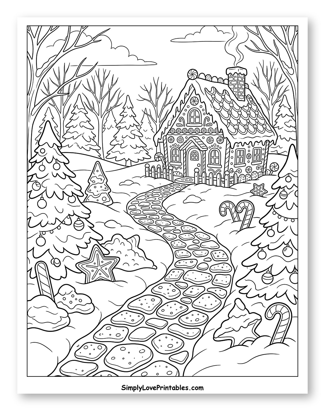 Cozy Gingerbread House in a Snowy Candy Forest Coloring Page