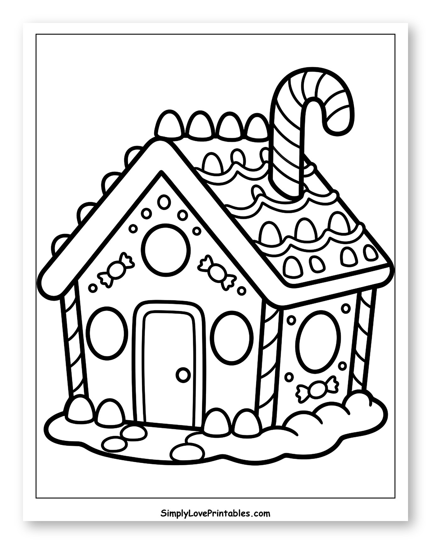 Cozy Gingerbread House with Candy Cane Chimney Coloring Page for Toddlers